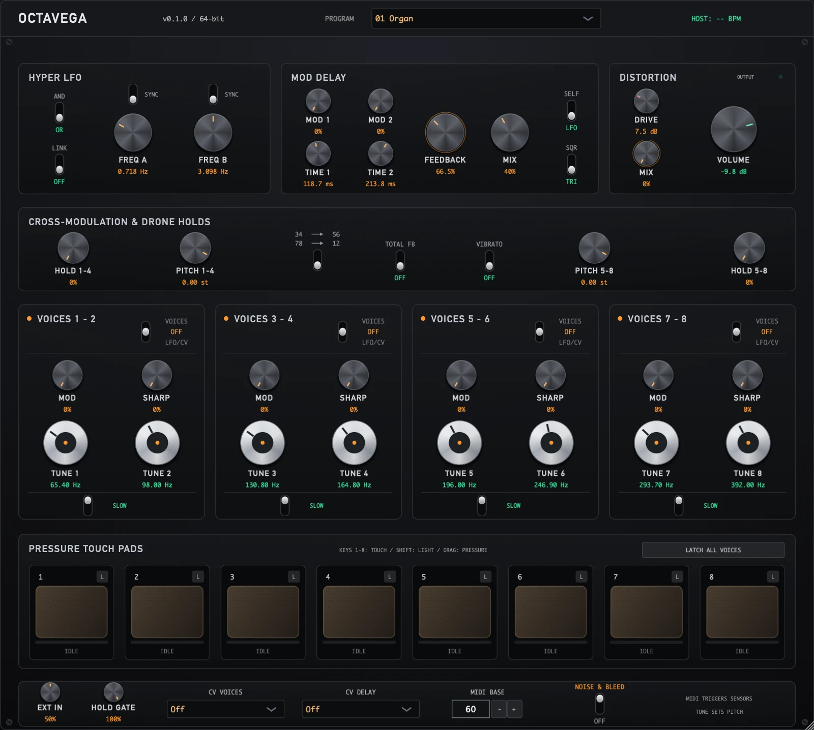 The OctaVega interface: Hyper LFO, Mod Delay, distortion, four pairs of voices, and eight pressure touch pads.